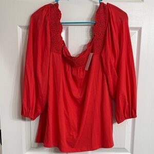 LOFT Vibrant Red Blouse with Crochet Neckline